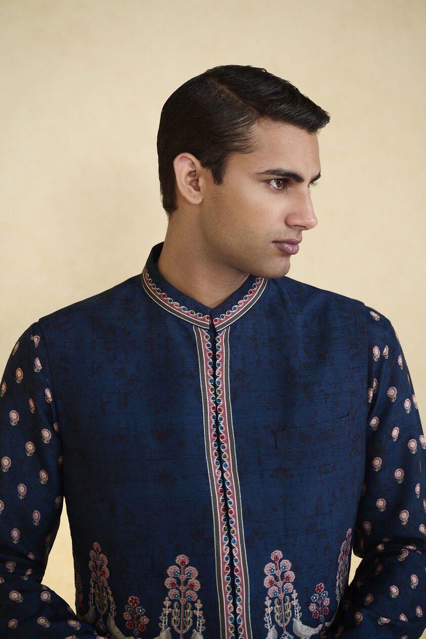 Azraq Printed Silk Nehru Jacket - Indigo, Indigo, image 5